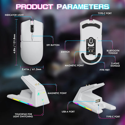 ATTACK SHARK X1 Gaming Mouse with Magnetic Charging Dock, PixArt PAW3395PRO Gaming Sensor, 40000DPI,53g, 100M Microswitches