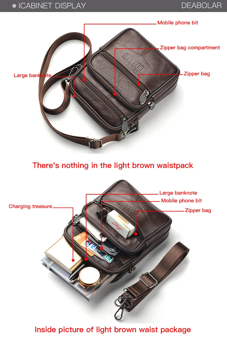 Men's Genuine Leather Crossbody Bag High Quality Zipper Pocket Retro Business Messenger Bag for Men