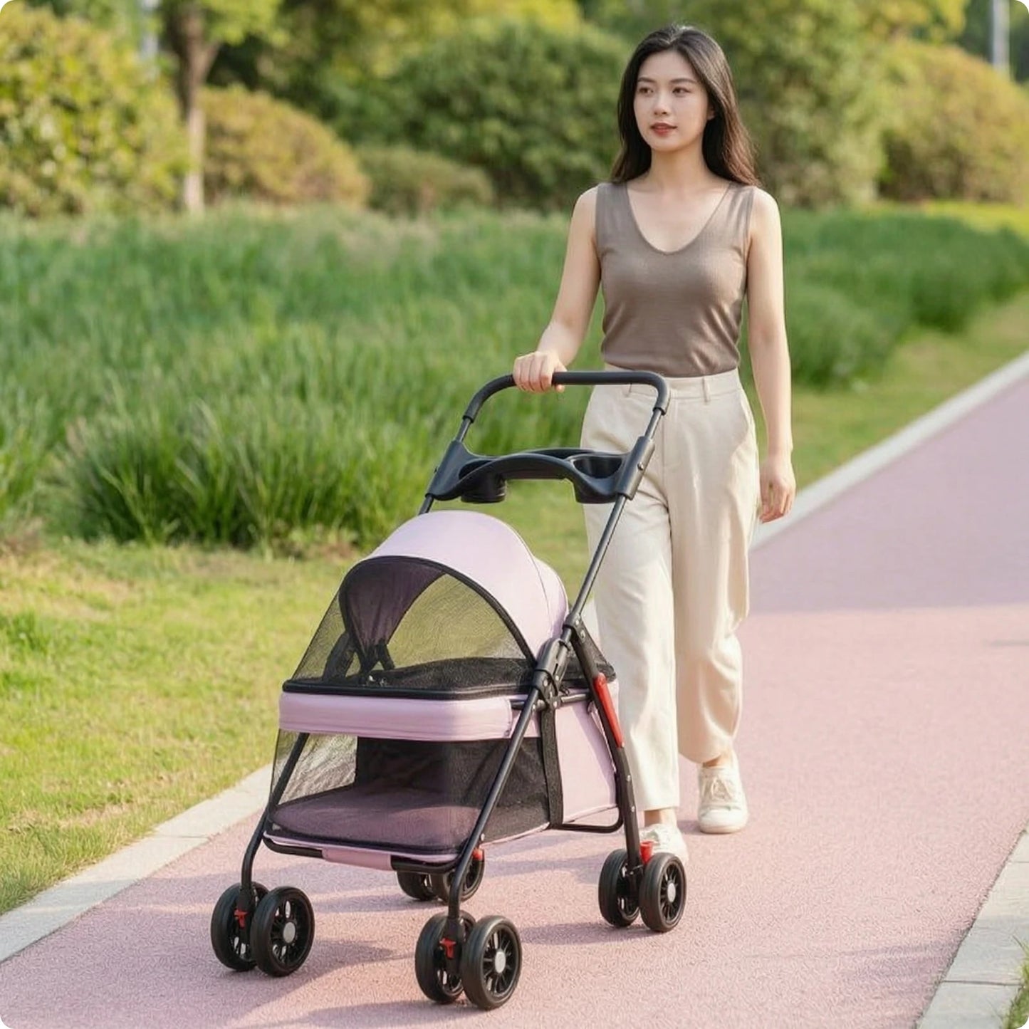 Pet Stroller with Storage Basket 4-Wheel Foldable Pet Stroller Collapsible Breathable for Small Dogs, Outdoor Walks, Travel