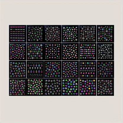 30 Sheets 3D Glow in The Dark Neon Nail Stickers - Glittery Glossy Self-Adhesive Nail Art Decorations with Butterfly, Love Heart