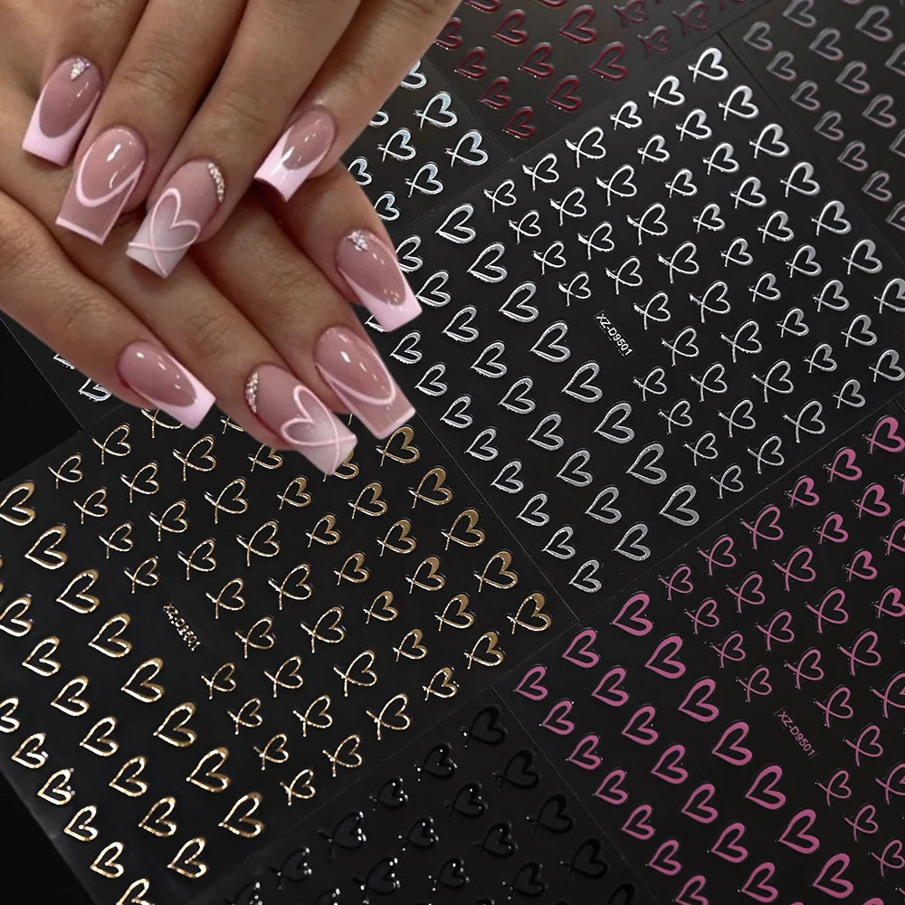 8Colors 3D French Love-Heart Nail Stickers Hollow Sweetheart Adhesive Nail Decals DIY Valentine's Day Simple Manicure Decoration