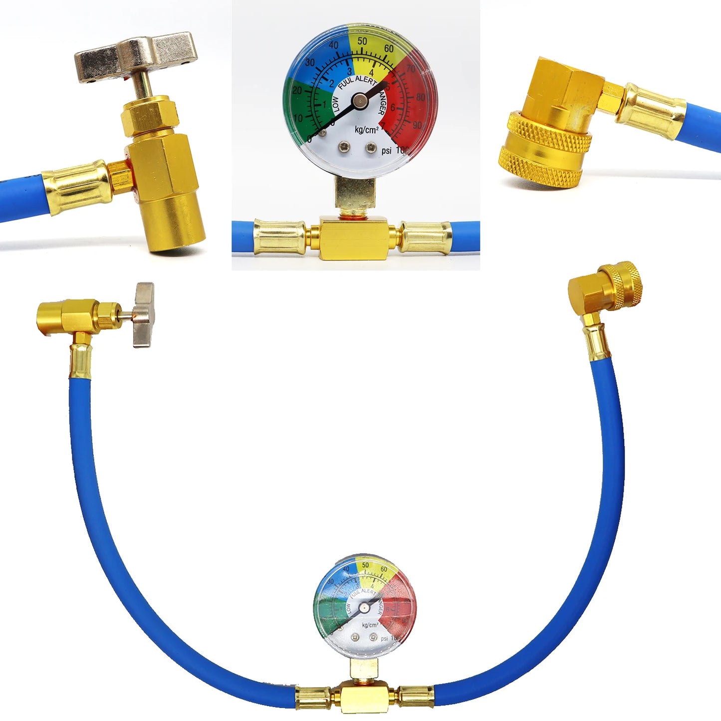 R134A Recharge Hose with Gauge, AC Can Tap Freon Charging Kit, 90° Low Side Quick Coupler for R134A R12 R22 A/C Refrigerant