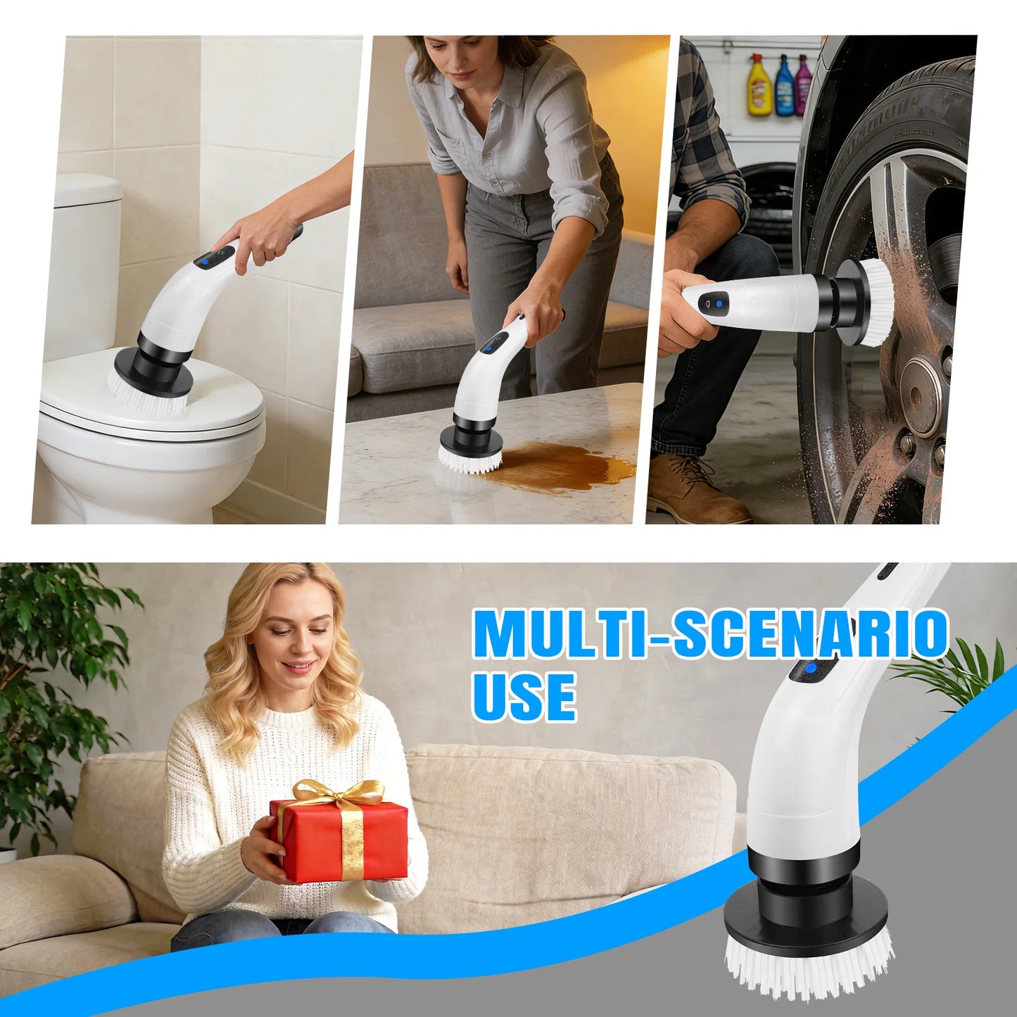 Cordless Electric Cleaning Brush - 7-in-1 Multi-Surface Scrubber with 2-Speed Adjustment, Detachable Extension Handle