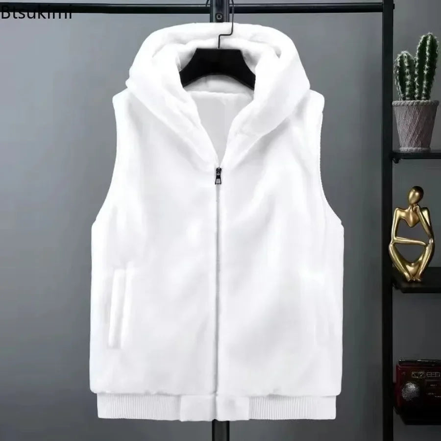 2026 Autumn Winter Men's Thicked Golden Velvet Warm Vest Fashion Solid Sleeveless Zipper Hooded Jacket Fake Fur Couple Waistcoat