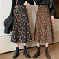 Women Floral Corduroy Midi Skirt High Waist A Line Printed Swing Long Skirt For Spring Autumn
