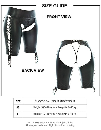 Men PU Leather Open Crotch Shorts Lace Up Adjustable Fetish Pants Buttless Underwear BDSM Lingerie Costume Adult Wear for Men