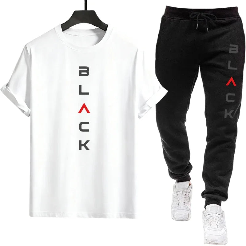 Black Letter Print Mens Tracksuit T-shirt + Pants Urban Causal Sports Outfit Male Spring Summer Home Outdoor Comfort Tees Set