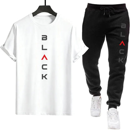 Black Letter Print Mens Tracksuit T-shirt + Pants Urban Causal Sports Outfit Male Spring Summer Home Outdoor Comfort Tees Set