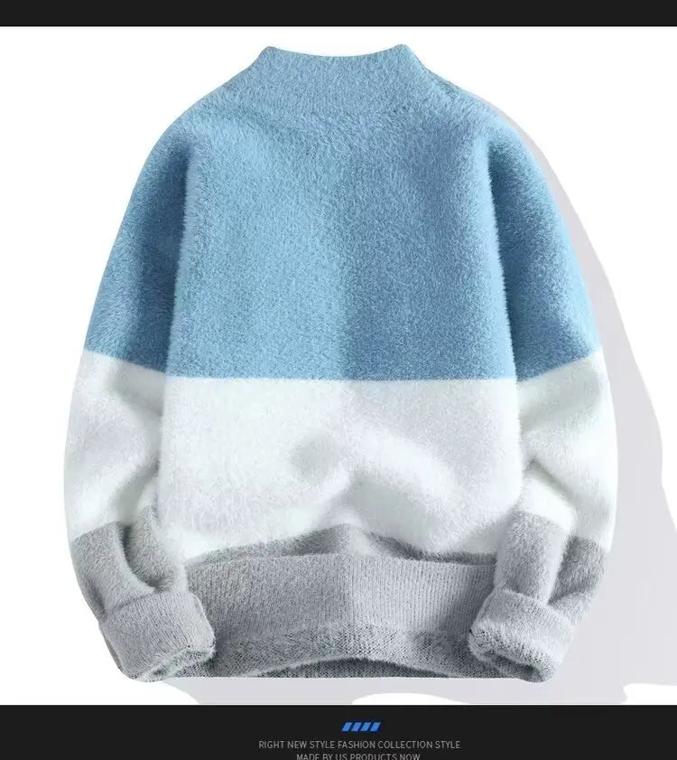 New Men's Plush Sweater Pullovers Korean Winter Warm O Neck Colorblock Sweater High Quality Cool Top Fashionable Men's Clothing