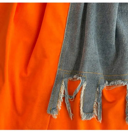 Retro Hong Kong Sle Chic Casual Mid-Length round Ne Patchwork Color Denim irt with Belt Spring New Women's Faion Top