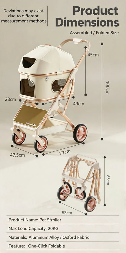 Aluminum Alloy Lightweight Pet Stroller Detachable Carrier One-Click Fold Shock Absorb Dog Cat Outdoor Travel Cart Wholesale