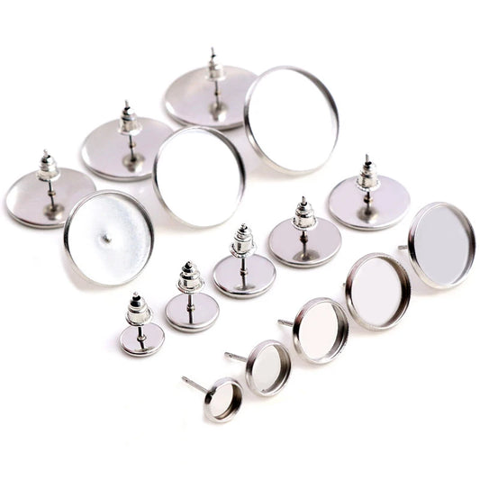 (Never Fade) 6/8/10/12/14/16/18/20mm Stainless Steel Earring Base Studs Ear Cameo Settings Cabochon Base Tray Blank (With Back)