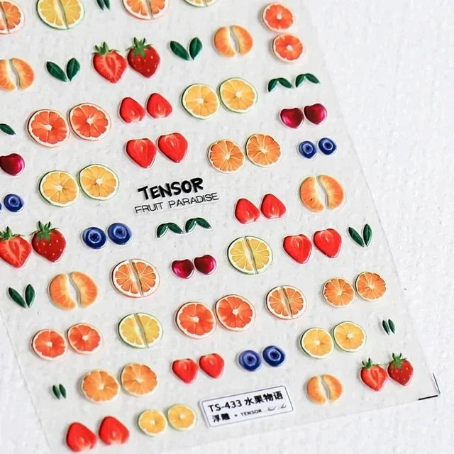 Lovely Red Fruit Strawberry Cherry Bowknot Love Heart Star Silk Ribbon 5D Nail Art Stickers Chic Self Adhesive Manicure Decal