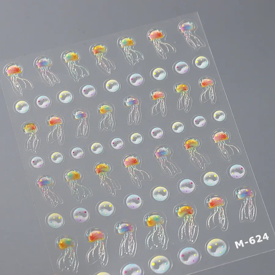 Colorful Bagful Jellyfish Bubbles Swimming Rings Rainbow Stars Ocean Starfish Self Adhesive 5D Nail Art Sticker Manicure Decal