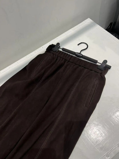 Retro Suede Leather Cropped Pants for Women Femae Genuine Leather Wide Leg Floor Long Trousers Straight Cylinder Spodnie Damskie