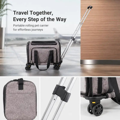 Foldable Pet Carrier With Wheels, 600D Oxford Fabric, Large Storage Pocket, For Car Travel And Hiking, Supports 11.3kg, Black