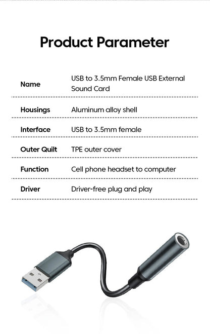 USB To 3.5MM Jack Audio Adapter USB to 3.5mm Headset/Microphone External Stereo Sound For PC Laptops USB to 3.5 Jack Adapter