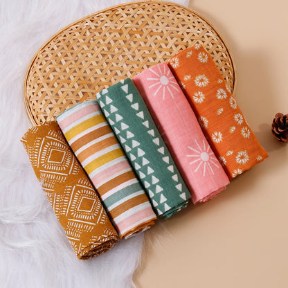 HappyFlute New Print 5Pcs/set 60*60CM Soft Muslin Swaddle Feeding Burp Cloth Newborn Pure Cotton Baby Face&Hand Wash Wipe