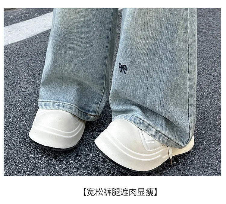 New 4-14 Years Spring Autumn Teenage Girls Jeans Full Print Bow Embroidery Fashion Wide-leg Denim Pants For Kids