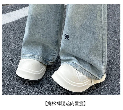 New 4-14 Years Spring Autumn Teenage Girls Jeans Full Print Bow Embroidery Fashion Wide-leg Denim Pants For Kids