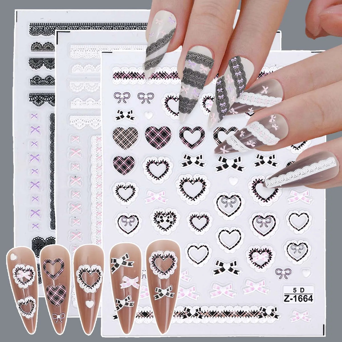 Japanese Bowknot Lace Heart Nail Stickers Self Adhesive Sweet Cool Pink Black Lace Nail Decals Cool Girls Manicure Decorations