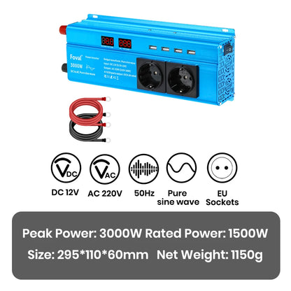 Pure Sine Wave Inverter DC 12V to AC 220V 230V 1500W/2200W/2600W/3000W Voltage Transfer Converter EU Socket Auto Accessories