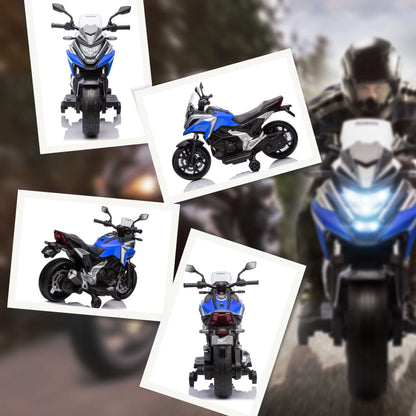 The electric motorcycle for children is equipped with two engines. Children aged 3 to 6 years can drive the motorbike with music and head. The size is 107x46x75cm and the load is 30kg.