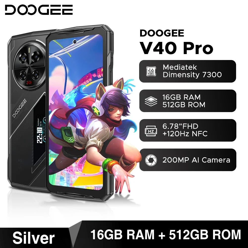 Global Version DOOGEE V40 Pro 5G Rugged Phone 6.78" Display 16GB+512GB Dimensity 7300 200MP AI Camera 8680mAh 33W Fast Charger