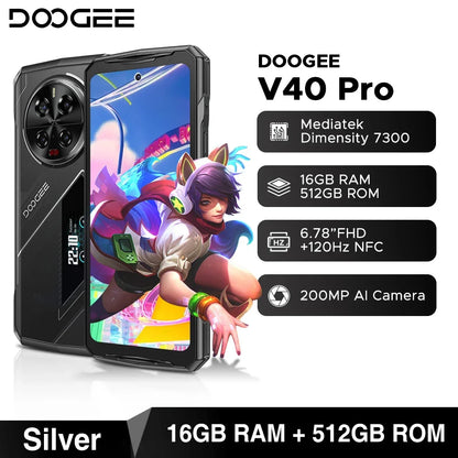Global Version DOOGEE V40 Pro 5G Rugged Phone 6.78" Display 16GB+512GB Dimensity 7300 200MP AI Camera 8680mAh 33W Fast Charger