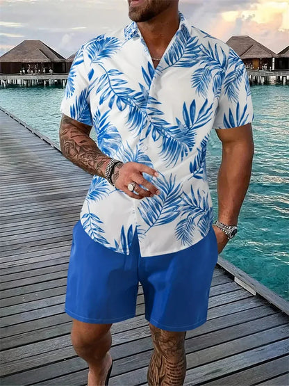 2024 Men's Shirt Shorts Set Two Piece 3D Leaf Print Men's Shirt Short Sleeve Casual Beach Pants Street Vacation Hawaiian Style