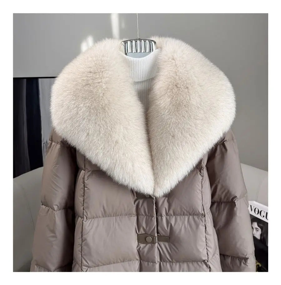 High end Faux Fox fur detachable Large Lapel fur Down Jacket For women 2025 Winter New Medium long Loose White goose Down Coats