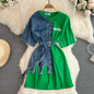 Retro Hong Kong Sle Chic Casual Mid-Length round Ne Patchwork Color Denim irt with Belt Spring New Women's Faion Top