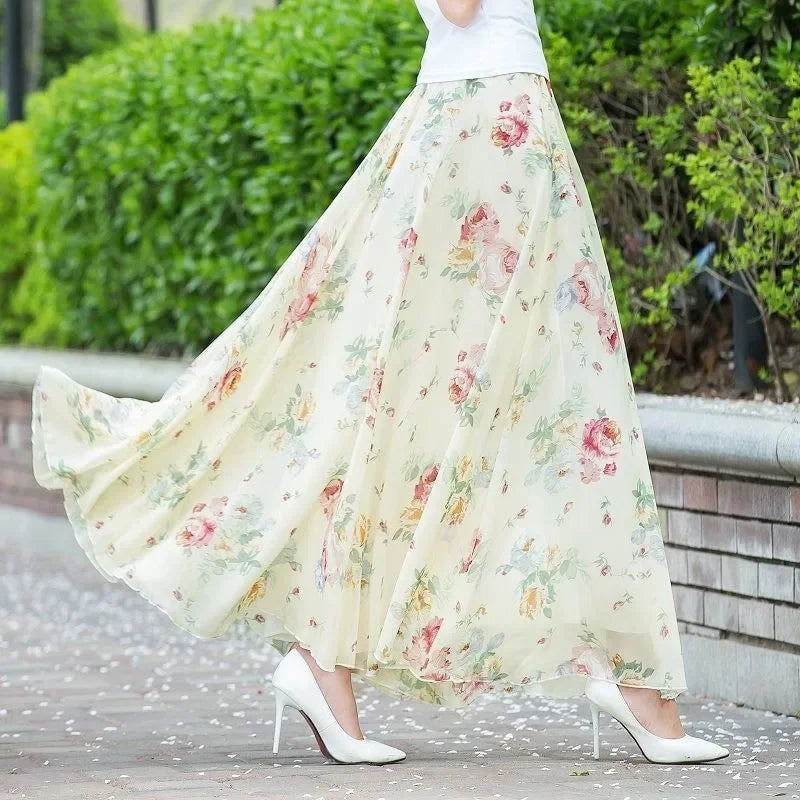 PTKPCC New Chiffon Floral Maxi Summer Skirt Women Long High Waist Holiday Dance Skirt Elegant Beach Boho Hot Sale  Skirts