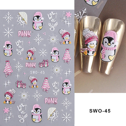 5D Embossed Christmas Nail Stickers Gingerbread Man Snowflake Snowman Penguin Nail Decal Autumn Winter Nail Supplies Decoration