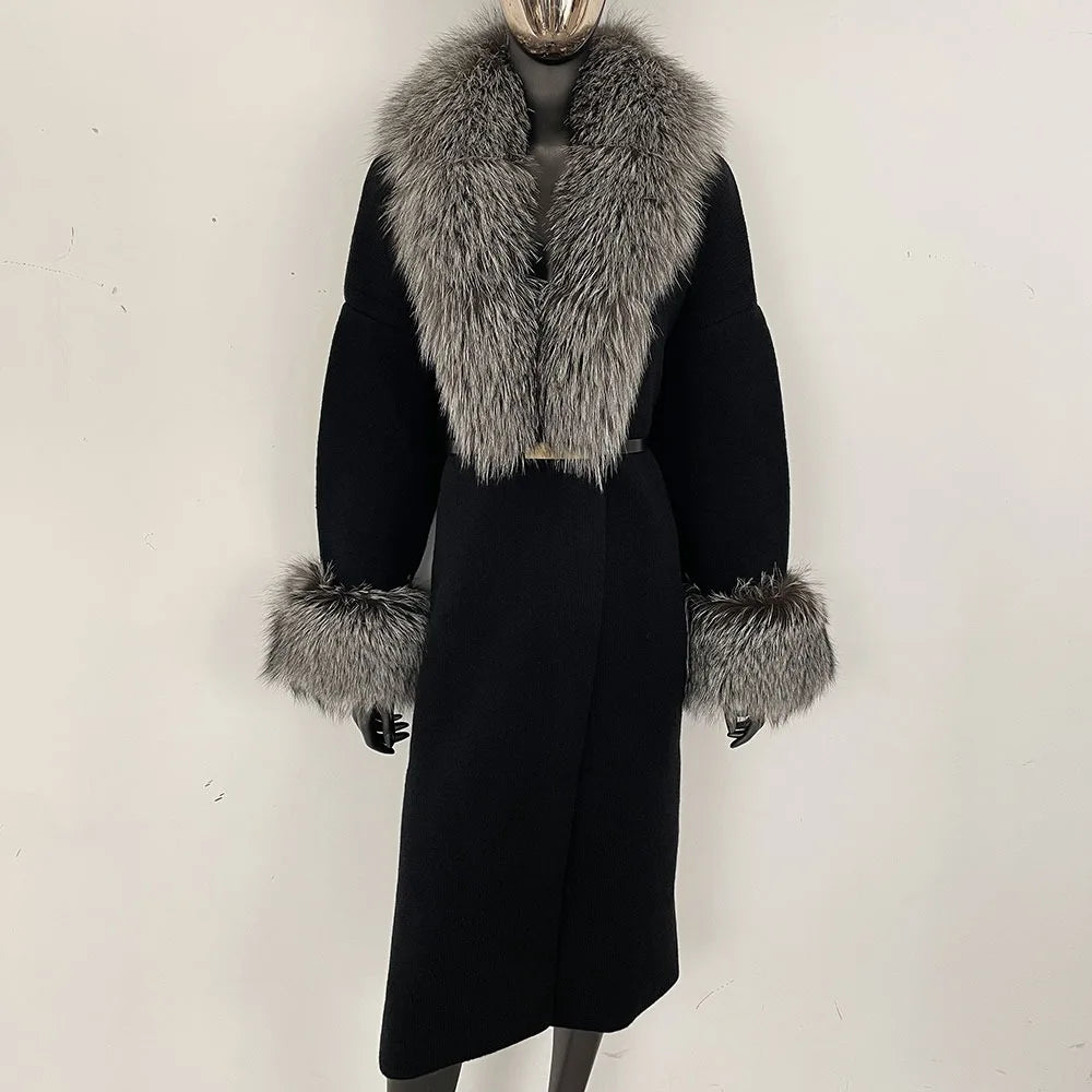 Long Knitwear Coat Women Warm Belt Real Fox Fur Jacket Female 2024 New Autumn Winter Kintted Natural Fur Coat Women
