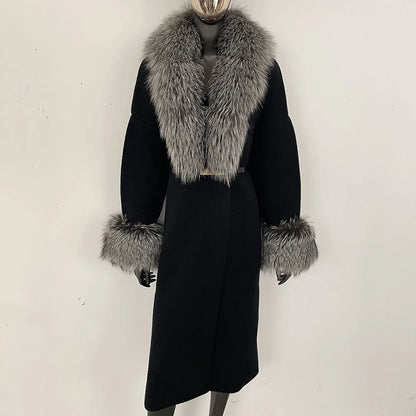 Long Knitwear Coat Women Warm Belt Real Fox Fur Jacket Female 2024 New Autumn Winter Kintted Natural Fur Coat Women