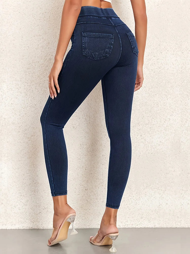 2025 New Fitness Imitation Jeans leggings Women High Waist Elastic Butt Lift Pocket Yoga Casual Leggings Slim Skinny Jeggings