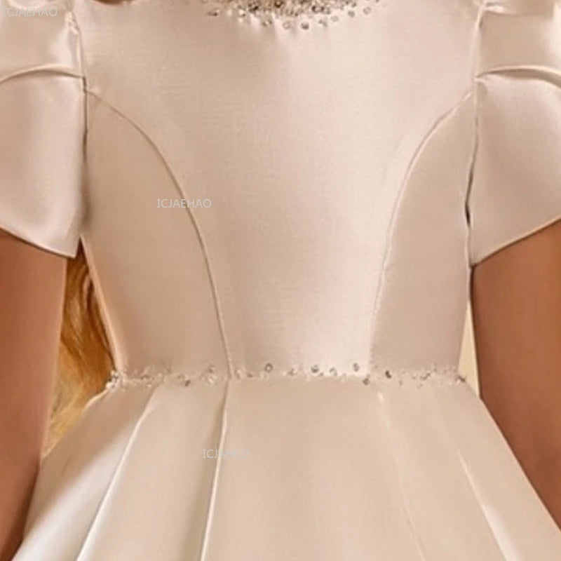 White Wedding Dress for Girls New Satin Princess Party Gown Clothes Children Birthday Host Piano Performance Pageant Costume