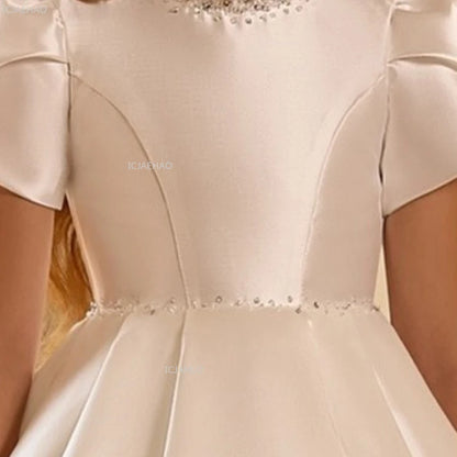 White Wedding Dress for Girls New Satin Princess Party Gown Clothes Children Birthday Host Piano Performance Pageant Costume