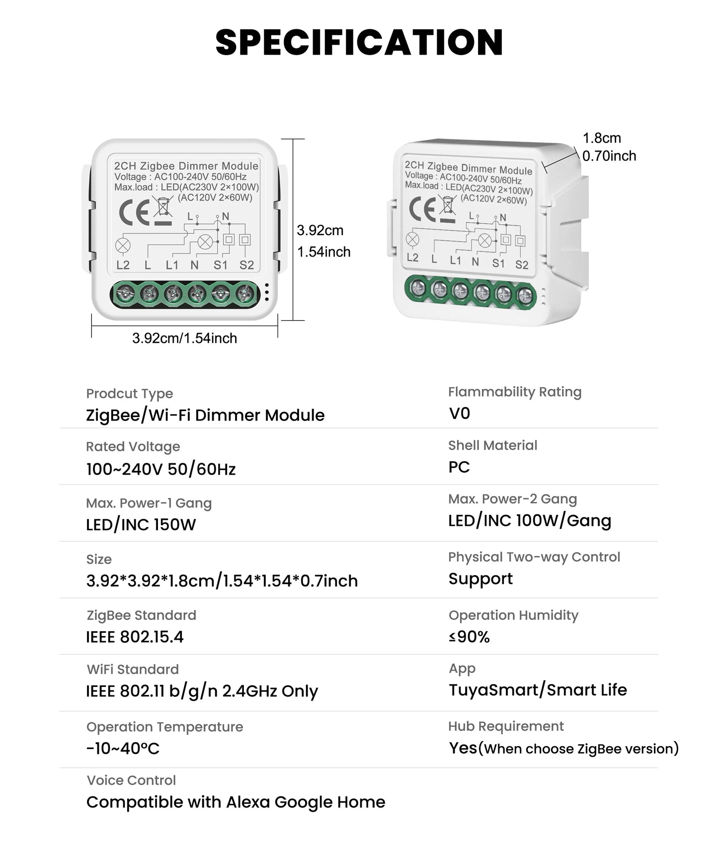 GIRIER Tuya Smart ZigBee 3.0 Dimmer Switch Module WiFi Breaker Relay for Dimmable Bulb Supports 2-way Control Works with Alexa