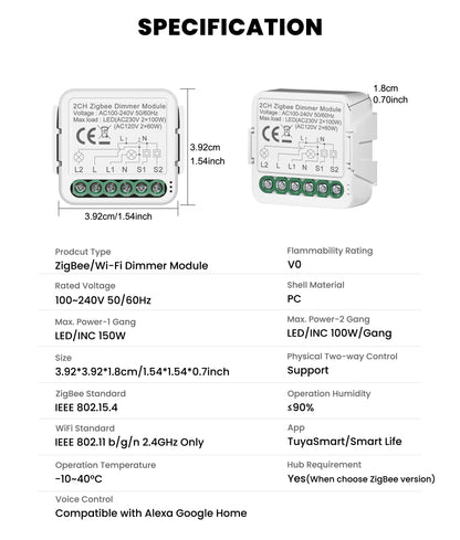 GIRIER Tuya Smart ZigBee 3.0 Dimmer Switch Module WiFi Breaker Relay for Dimmable Bulb Supports 2-way Control Works with Alexa