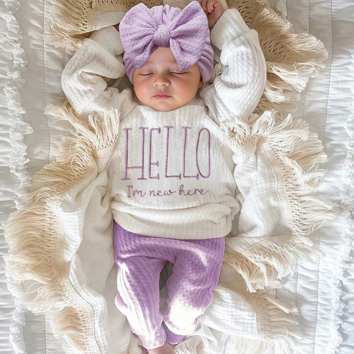"Hello" Embroidery Newborn Photography Props Infant Romper Jumpsuit with Bow Hat Baby Coming Home Outfit Baby Photo Gift-HD