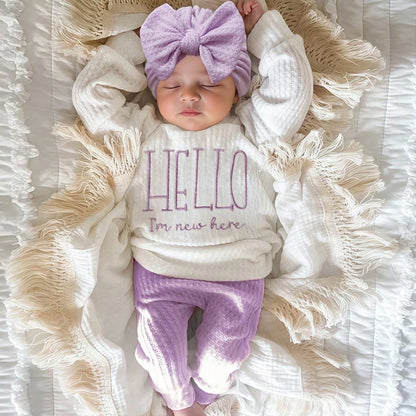"Hello" Embroidery Newborn Photography Props Infant Romper Jumpsuit with Bow Hat Baby Coming Home Outfit Baby Photo Gift-HD