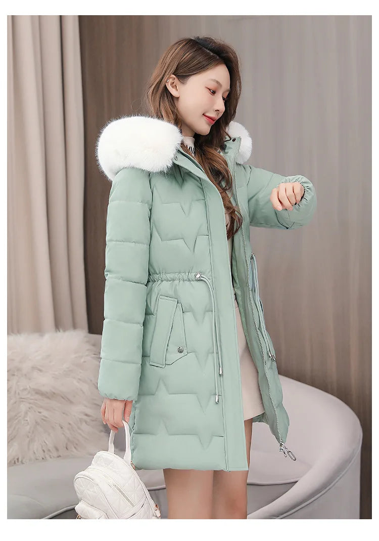 Hooded Women Parkas Coats Mid LenthJackets  Oversize Solid Fur Collar Zipper Drawstring Waist Loose Casual 2025 Autumn Winter