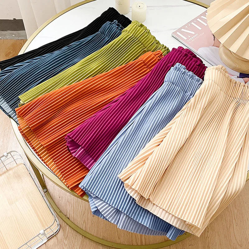 Women Casual Wide Leg Shorts 2025 Summer Elastic High Waist Pleated Shorts Woman Solid Color Loose Ice Silk Knee-Length Pants
