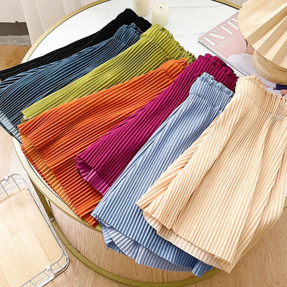 Women Casual Wide Leg Shorts 2025 Summer Elastic High Waist Pleated Shorts Woman Solid Color Loose Ice Silk Knee-Length Pants