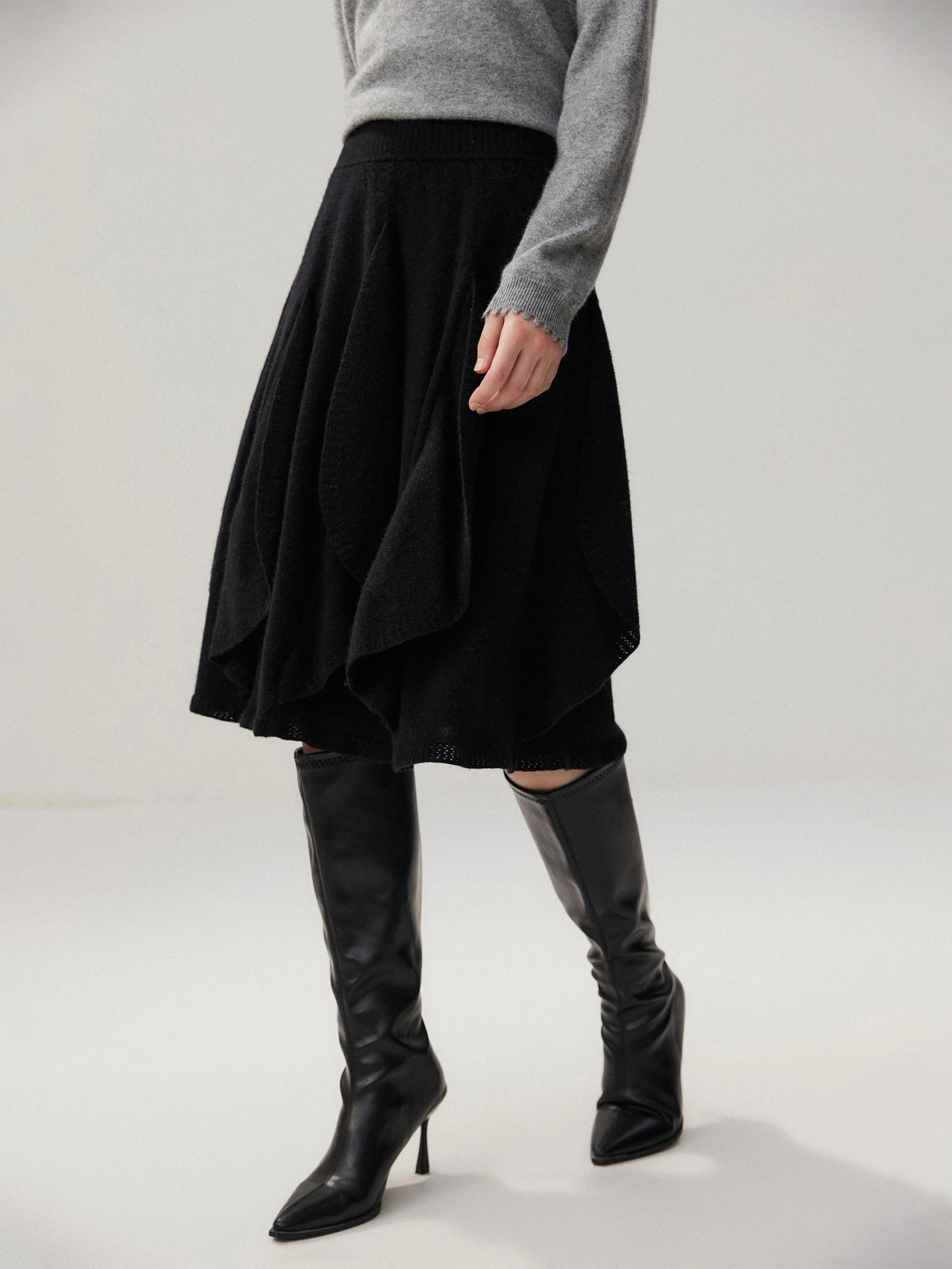 French 100% Pure Cashmere Skirt Ruffle Irregular A-line Soild Midi Sirt Autumn Winter Women Elegant Pleated  Knit Dress Fashion