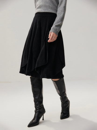 French 100% Pure Cashmere Skirt Ruffle Irregular A-line Soild Midi Sirt Autumn Winter Women Elegant Pleated  Knit Dress Fashion