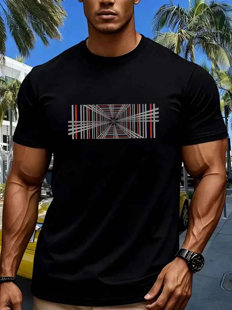 Summer men's 100% pure cotton casual fashionable loose retro compass mountain pattern printed round neck short sleeved T-shirt