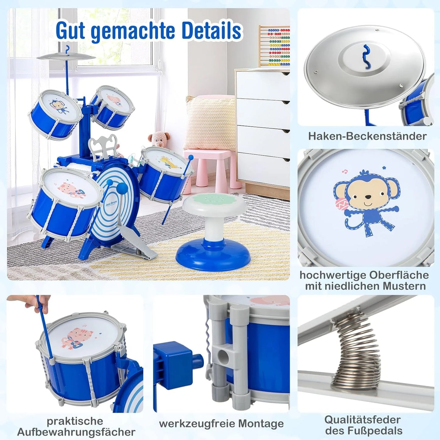 Children's Drum Set, Drum Set with Stool, Music Stand & Foot Pedal, Percussion Instrument Drum Set for Children
